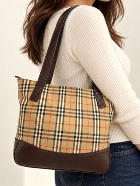 Burberry Haymarket Check Small Canvas Leather Shoulder Bag Brown Beige Tote